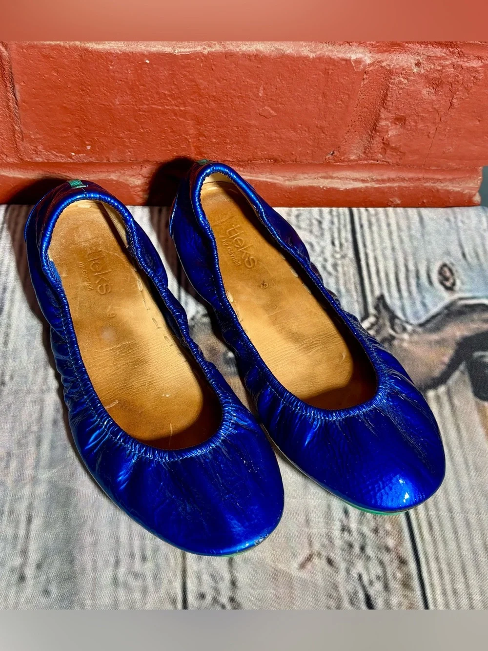 TIEKS Blue Metallic Foldable Ballet Flats with Teal Soles